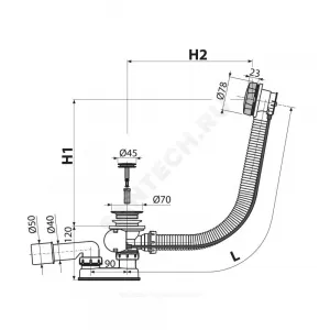 Слив-перелив для ванны плоский полуавтоматический (тросик) 1 1/2"x40 с переходной трубкой 10гр 40/50 слив клапан, пробка D=45мм Alca Plast A55BLACK