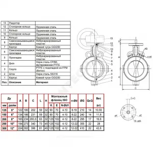 Затвор дисковый поворотный чугун VP4449R-08PTFE Ду 300 Ру10 межфл с редуктором диск нерж манжета PTFE Tecofi VP4449R-08PTFE0300