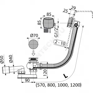 Слив-перелив для ванны плоский полуавтоматический (тросик) 1 1/2"x40 с переходной трубкой 10гр 40/50 Alca Plast A564CRM1