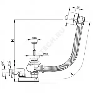 Слив-перелив для ванны плоский полуавтоматический (тросик) 1 1/2"x40 с переходной трубкой 10гр 40/50 слив клапан, пробка D=48мм Alca Plast A51CR