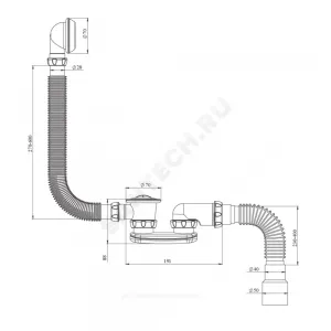 Слив-перелив для ванны плоский с пробкой на цепочке 1 1/2"x40 с гофрой 40х40/50 с нержавеющей решёткой Unicorn S12