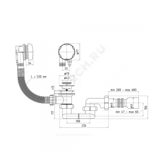 Слив-перелив для ванны плоский полуавтоматический (тросик) 1 1/2"x40 с гофрой 40х50 слив клапан, пробка D=43мм АНИ Пласт EM601