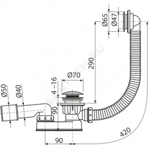 Слив-перелив для поддона плоский автоматический 1 1/2"x40 с переходной трубкой 10гр 40/50 слив клапан "клик-клак", пробка D=70мм Alca Plast A506KM