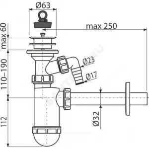 Сифон для умывальника бутылочный 1 1/4"x32 с прямой трубкой 32 с отводом (штуцером) литой выпуск с пластиковой решёткой D=63мм Alca Plast A420P