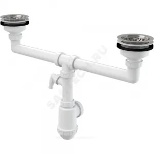 Сифон для кухонной мойки с двумя чашами бутылочный 3 1/2"x40/50 с отводом (штуцером) выпуск с нержавеющей решёткой D=115мм Alca Plast A453P