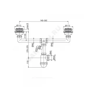 Сифон для кухонной мойки с двумя чашами бутылочный 3 1/2"x40/50 с отводом (штуцером) выпуск с нержавеющей решёткой D=115мм Alca Plast A453P