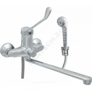 Смеситель для ванны с душем хирургический локтевой одноручный плоский излив, душевой шланг н/ж сталь, хромированная пластиковая лейка и кронштейн Престиж ЦС-СМ 300-4 М-44 Центр Сантехники (Подольск) ПП800041