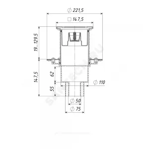 Трап регулируемый с механическим "сухим" затвором Дн 50/75/110 с нержавеющей решёткой 150х150мм вертикальный выпуск Татполимер ТП-310.1Ms