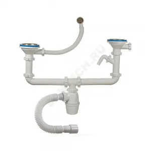 Сифон для кухонной мойки с двумя чашами бутылочный с гибким переливом 3 1/2"x40 с гофрой 40х40/50 с отводом (штуцером) выпуск с нержавеющей решёткой D=114мм Орио А-50092