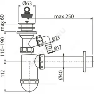 Сифон для умывальника бутылочный 1 1/4"x40 с прямой трубкой 40 с отводом (штуцером) литой выпуск с пластиковой решёткой D=63мм Alca Plast A42P