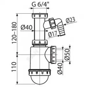 Сифон для кухонной мойки бутылочный 1 1/2"x40/50 с отводом (штуцером) без выпуска Alca Plast A443P-DN50/40