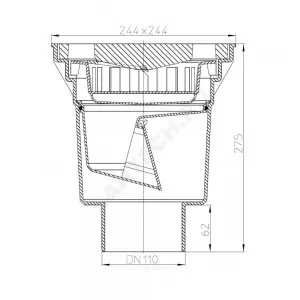 Трап нерегулируемый с "сухим" затвором Дн 110 с чугунной решёткой 226х226мм с подрамником из ПП вертикальный выпуск серия PERFEKT HL HL606/1