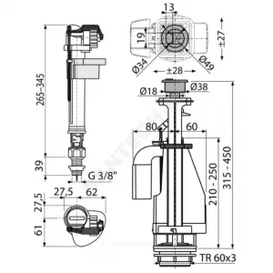 Арматура для бачка сливная/наливная 3/8" нижнее подключение кнопка хром 2/реж Alca Plast SA08AS 3/8" CHROM