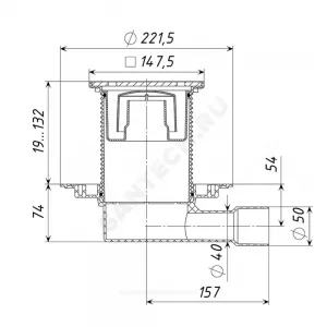 Трап регулируемый с гидрозатвором Дн 40/50 с чугунной решёткой 150х150мм горизонтальный выпуск Татполимер ТП-510PHs