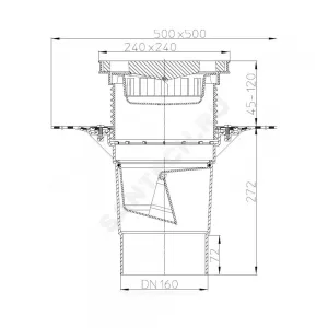 Трап регулируемый с "сухим" затвором Дн 160 с чугунной решёткой 226х226мм с полимербитумным полотном и подрамником из ПП вертикальный выпуск серия PERFEKT HL HL616H/5