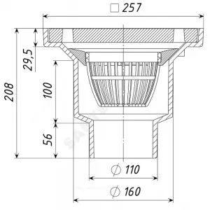 Трап чугун вертикальный ТП-112 квадратный h=207мм с грязеуловителем с чугунной решеткой Ду 100 Татполимер ТП-112.110/160-250VP