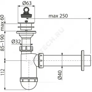Сифон для умывальника бутылочный 1 1/4"x40 с прямой трубкой 40 литой выпуск с пластиковой решёткой D=63мм Alca Plast A42