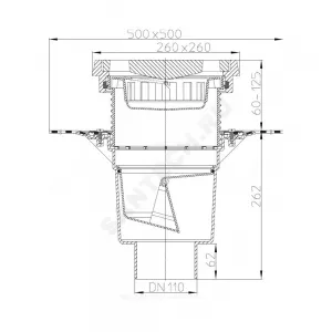 Трап регулируемый с "сухим" затвором Дн 110 с чугунной решёткой 226х226мм с полимербитумным полотном и подрамником из чугуна вертикальный выпуск серия PERFEKT HL 616.1H/1