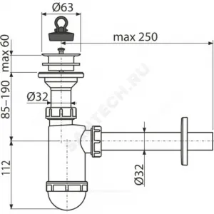 Сифон для умывальника бутылочный 1 1/4"x32 с прямой трубкой 32 литой выпуск с пластиковой решёткой D=63мм Alca Plast A420