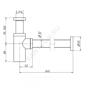 Сифон для умывальника бутылочный латунь 1 1/4"x32 с прямой трубкой 32 золото без выпуска Орио CG-404