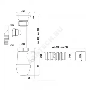 Сифон для умывальника/мойки бутылочный 1 1/2"x40 с гофрой 40х40/50 с отводом (штуцером) выпуск с нержавеющей решёткой D=70мм Ани АНИ Пласт C0315