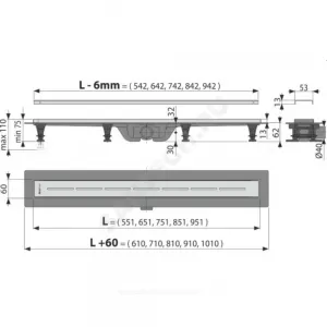 Лоток душевой с гидрозатвором+механический сухой затвор Дн 40 950х60мм с нержавеющей решеткой горизонтальный выпуск Alca Plast APZ18-950M