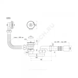 Слив-перелив для ванны плоский с пробкой на цепочке 1 1/2"x40 с гофрой 40х50 выпуск с нержавеющей решёткой D=70мм АНИ Пласт Е055