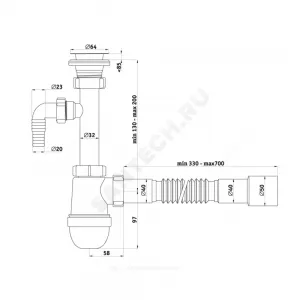 Сифон для умывальника бутылочный 1 1/4"x40 с гофрой 40х40/50 с отводом (штуцером) выпуск с нержавеющей решёткой D=65мм Ани АНИ Пласт C1315