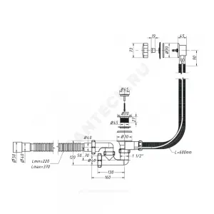Слив-перелив для ванны регулируемый полуавтоматический (тросик) 1 1/2"x40 с гофрой 40х40/50 слив клапан, пробка D=45мм Орио А-27089
