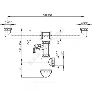 Сифон для кухонной мойки с двумя чашами бутылочный 1 1/2"x40/50 с отводом (штуцером) без выпуска Alca Plast A448P-DN50/40