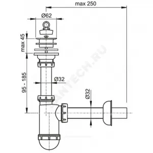 Сифон для умывальника бутылочный 1 1/4"x32 с прямой трубкой 32 выпуск с пластиковой решёткой D=63мм Alca Plast A421