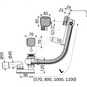 Слив-перелив для ванны плоский полуавтоматический (тросик) 1 1/2"x40 с переходной трубкой 10гр 40/50 Alca Plast A564KM3