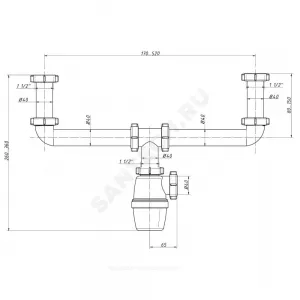 Сифон для кухонной мойки с двумя чашами бутылочный 1 1/2"x40 без выпуска Орио К-40090