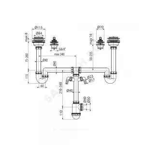 Сифон для кухонной мойки с двумя чашами бутылочный 3 1/2"/1 1/2"x40/50 с 2-мя отводами (штуцерами) выпуск с нержавеющей решёткой Alca Plast A8000