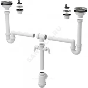 Сифон для кухонной мойки с двумя чашами бутылочный 3 1/2"/1 1/2"x40/50 с 2-мя отводами (штуцерами) выпуск с нержавеющей решёткой Alca Plast A8000