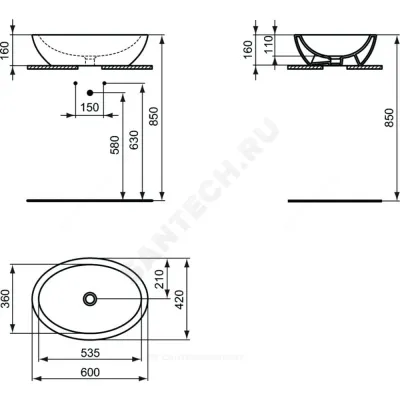 Умывальник мебельный STRADA 60 без отверстия п/смес Ideal Standard K078401