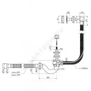 Слив-перелив для ванны трубный полуавтоматический (тросик) 1 1/2"x40 с гофрой 40х40/50 слив клапан, пробка D=45мм Орио A-24089