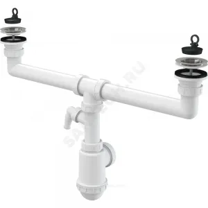 Сифон для кухонной мойки с двумя чашами бутылочный 1 1/2"x40/50 с отводом (штуцером) выпуск с нержавеющей решёткой D=70мм Alca Plast A449P-DN50/40