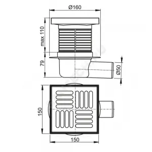 Трап регулируемый с гидрозатвором Дн 50 с нержавеющей решёткой 150х150мм горизонтальный выпуск Alca Plast APV5411