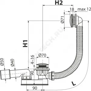 Слив-перелив для ванны плоский автоматический 1 1/2"x40 с переходной трубкой 10гр 40/50 слив клапан "клик-клак", пробка D=70мм Alca Plast A507BLACK