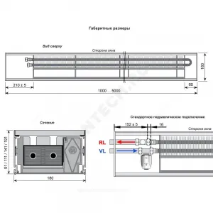 Конвектор внутрипольный без решетки подключение - слева с торца WSK Mohlenhoff WSK 180-190-1000