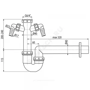 Сифон для кухонной мойки трубный 1 1/2"x40 с прямой трубкой 40 с 2-мя отводами (штуцерами) без выпуска Alca Plast A82-DN40