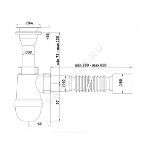 Сифон для умывальника/мойки бутылочный 1 1/4"x40 с гофрой 40х50 литой выпуск с нержавеющей решёткой D=65мм Ани АНИ Пласт C2010