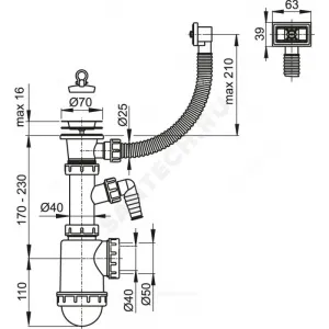 Сифон для кухонной мойки бутылочный с гибким переливом 1 1/2"x40/50 с отводом (штуцером) выпуск с нержавеющей решёткой D=70мм Alca Plast A444P-DN50/40