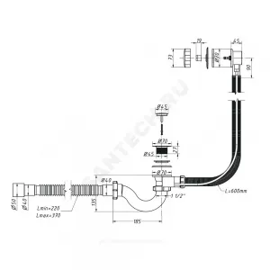 Слив-перелив для ванны трубный полуавтоматический (тросик) 1 1/2"x40 с гофрой 40х40/50 слив клапан, пробка D=45мм Орио А-23089
