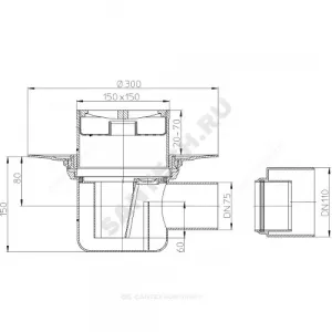 Трап для подвалов и тех.помещений регулируемый с гидрозатвором Дн 75/110 с пластиковой решёткой 147х147мм горизонтальный выпуск HL HL72.1