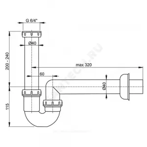 Сифон для кухонной мойки трубный 1 1/2"x40 с прямой трубкой 40 без выпуска Alca Plast A80-DN40