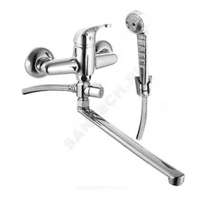 Смеситель для ванны с душем одноручный плоский излив, душевой шланг н/ж сталь, хромированная пластиковая лейка и кронштейн Стройка ЦС-СМ 300/1-4 D35 М-42 Центр Сантехники (Подольск) СТ300103