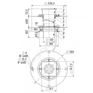 Воронка кровельная с вертикальным выпуском двухуровневая PP Дн 110 с электрообогревом, чугунной решёткой в/к Татполимер ТП-10.100/Р-Э