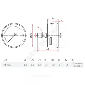 Манометр гидрозаполненный ТМ-320Т.10 осевой Дк63мм 0-0,6 МПа кл.1,5 G1/4" глицерин Росма 00000025443